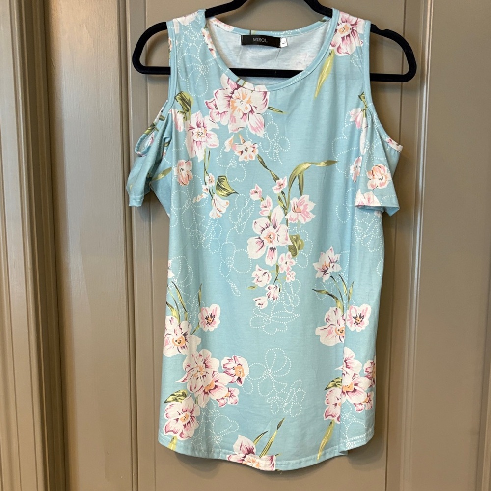 Nicole Floral Cold Shoulder Blouse - Light Blue and Pink